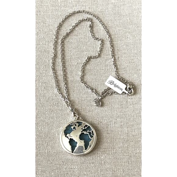 BRIGHTON Halo ODYSSEY WORLD NECKLACE & POUCH Map Earth Silver Blue Water NWT - Picture 1 of 11